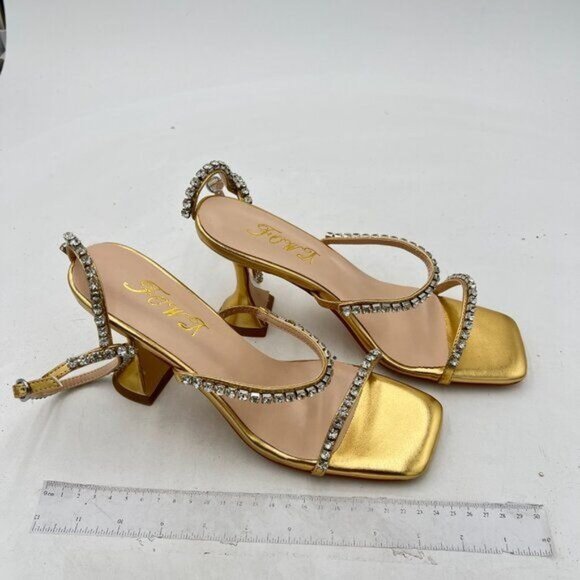 FOWT Fashion Leather Classic Square Toe Crystal Ankle Strap Flared High Heels El - Picture 4 of 8